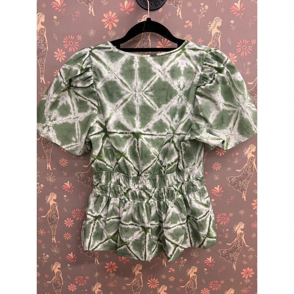 By Anthropologie Green Shibori Tie Dye Puff Sleeve Peplum Blouse XS OB1926669